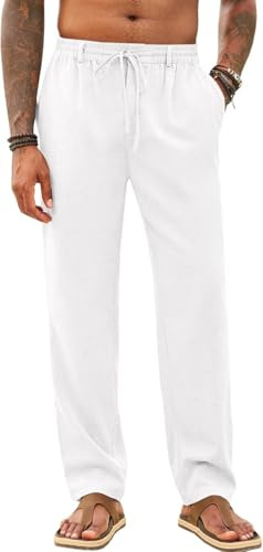 Runcati Pantaloni lunghi da uomo, facili da stirare, per il tempo libero, leggeri, estivi, da spiaggia, da yoga, con tasche, elastico in vita, bianco, M