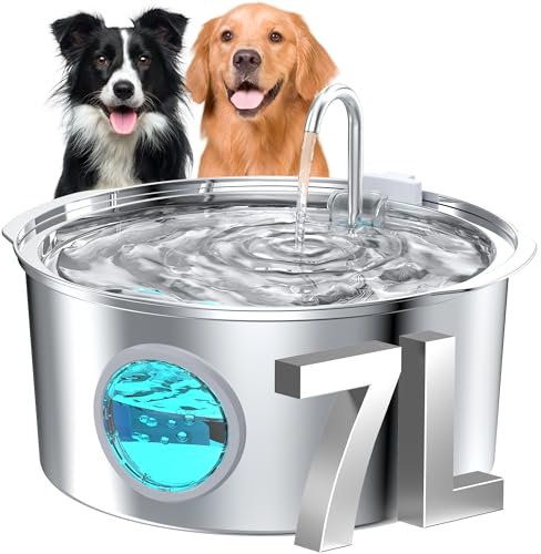 Dog Water Fountain for Drinking: Stainless Steel Cat Water Fountain for Drinking - 7L/236oz/1.8G Quiet Pet Fountain Water Bowl - Convenient Handle-Design - for Large Dogs Cats & Multi-Pets Home