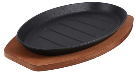 Cabilock Grillplatte Aus Eisen Für Steakzubereitung Bratplatte Mit Holzunterlage Zum Servieren Koch Und Grillplatte Für Haushaltsgebrauch