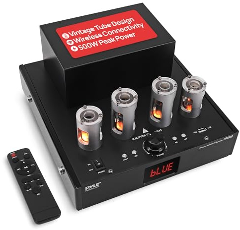 Pyle Bluetooth Amplifier Receiver with 4 Vacuum Tubes - 500W High-Fidelity Home Audio Stereo System, USB Reader, CD/DVD Inputs, Subwoofer Output, Built-in Cooling Fan