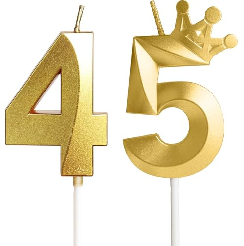 Velas para 45º cumpleaños, vela número 45, velas doradas, vela de cumpleaños para tarta con corona, vela de cumpleaños de boda, decoraciones de pastel fiesta de cumpleaños, celebración