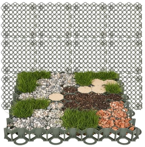 FIXKRAFT 10er Set Rasengitter 2,5 qm Rasengittersteine Paddockplatten Rasengitterplatten Garten Bodenplatten Geogitter Rasensteine Rasenplatten Kunststoff Befahrbar Kieswabe (Grün)