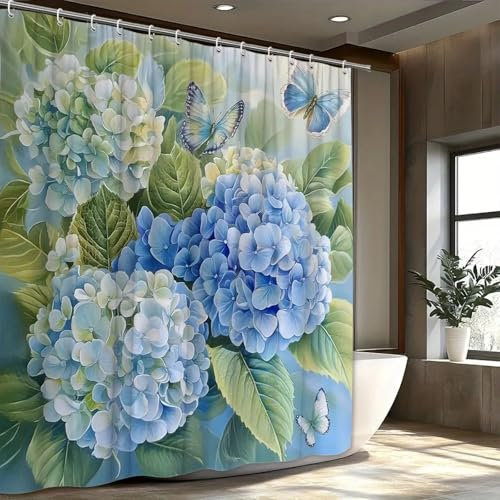 LMYCHENG Cortina de Ducha de hortensias Azules y Mariposas, poliéster, Fondo Verde de ensueño, Cortina divisoria para bañera, decoración de baño, 155 x 233 cm/61 x 92 Pulgadas