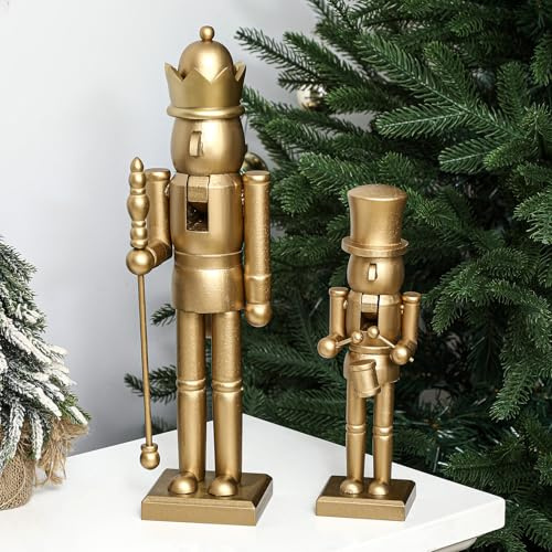 Quzzil 2 Pcs Christmas Nutcracker Ornaments Neutral Nutcracker Figures 10'' 15''Christmas Decor Ornament Soldier Festive Collectible Gift for Table Fireplace Shelf Desktop(Gold,Wooden)