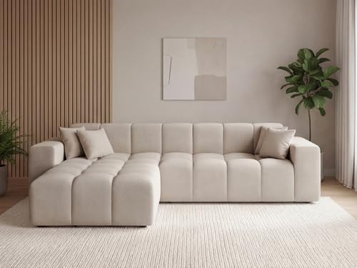 GRAINGOLD Loopo Ecksofa 265x180 cm, L-Form Sofa, Ecksofa für Wohnzimmer, Velour, 3-Sitzer Eckcouch, Modernes Design (Beige, Links)