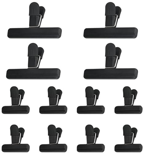 KOOOGEAR 12 Stück Verschlussclips,Verschluss Clips Für Tüten,Schwarz Bunte Klammern Tüten,Wiederverwendbar Tütenclips für Verpackung Süßigkeiten Snacks (12 Stück Schwarz)