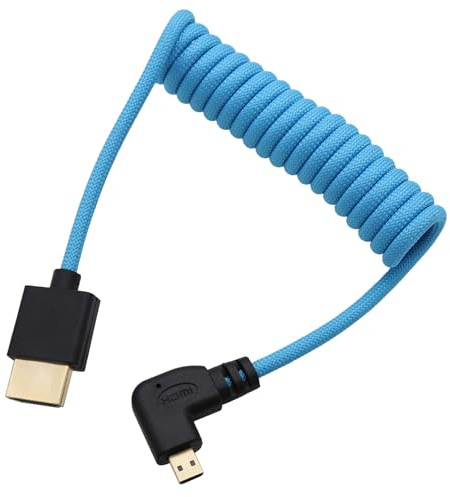 HangTon Cable trenzado en espiral micro HDMI a HDMI ProRes RAW 4K 8K 60fps azul para Sony ZVE-10 A7C Canon R5 R6 MKII Lumix Cámara SmallHD ATOMOS Ninja V Monitor, tipo D de 90 grados