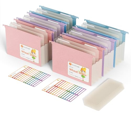 EcoStach Dossiers Suspendus A4, en paille de blé, organiseur de dossiers suspendus avec onglets et inserts pour bureau, maison et école (lot de 6, Violet, Bleu, Rose)