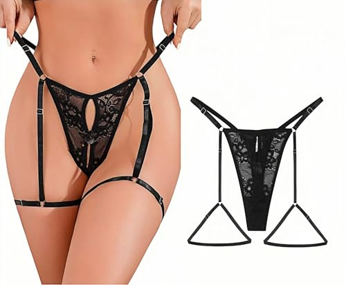 ROSVAJFY Perizoma Sexy Sottile Donna G String Tanga Pizzo Regolabile Gamba Passanti Tanga Donna Sexy Lingerie Non Rimovibile Giarrettiera String con Fodera 4 Colori