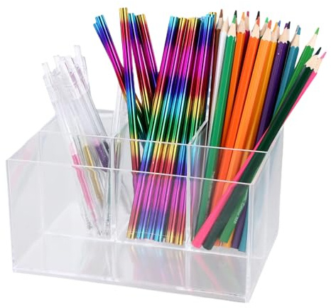 Culinavog 4 scomparti Portapenne in plastica trasparente, Da scrivania bambini, Organizer per matite, Cancelleria e pennelli Espositore da scrivania, Accessori da Scuola/casa/ufficio