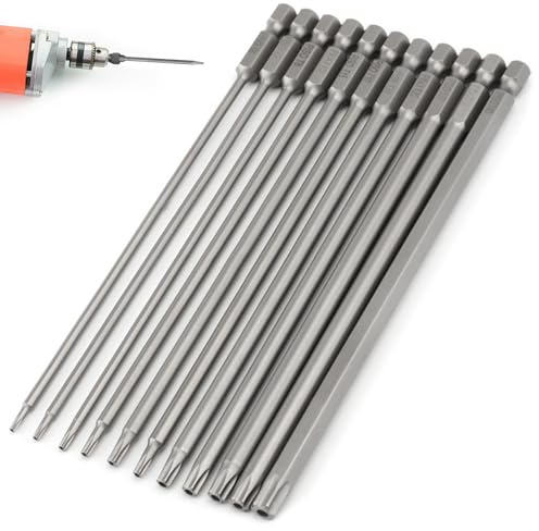 11 Pcs 200mm Long Screwdriver Bits, T6-T40 Torx Bit Set 1/4 Inch Hex Shank Magnetic Security Torx Bits S2 Steel Star Screw Driver Bit Sets for Impact Drill Hand Tools