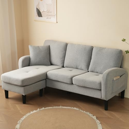 Massbinet L-förmiges Ecksofa mit Chaiselongue – 3-Sitzer Sofa, 166 x 118 x 77 cm, Atmungsaktiver Baumwoll-Leinenstoff, Kunststoffbeine, Modulares Design, Ideal für Wohnzimmer (Grau)
