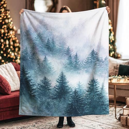 Coperta invernale con alberi di pino, coperta invernale in flanella morbida, leggera, decorativa, per divano, letto, sedia, auto, ufficio, scrivania, 152 x 203 cm