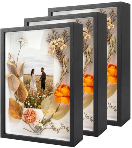 LDXDRU 3 Stück 3D Bilderrahmen zum Befüllen A4 3D Tief Objektrahmen 5CM 3D Rahmen für Objekte Blumen, Hochzeitsstrauß oder Erinnerungsstücke (Schwarz)