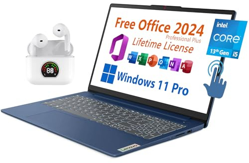 Lenovo 15.6 Laptop, Free Microsoft Office 2024 with Lifetime License, FHD Touchscreen, Intel 10-Core i5-1335U 4.6 GHz, 16GB RAM, 512GB SSD, WiFi 6, 7 hrs Battery Life, Windows 11 Pro, Toree Earbuds