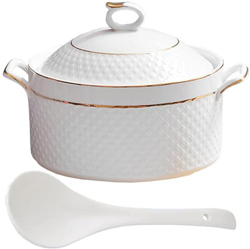 Ceramic Cooking Pot, Large Saucepans Soup Tureen with Lid, Porcelain Bowl with Handle and Ladle for Serving
