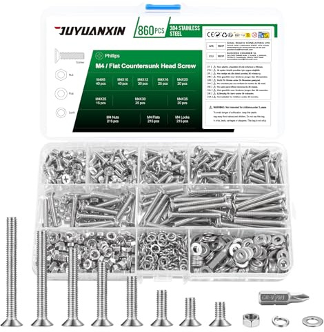 860 Pcs M4 Juego de Tornillos y Tuercas y Arandelas, Tornillería tornillos avellanados, tornillo avellanados de cabeza cruzada de cabeza plana acero inoxidable con arandelas planas y de seguridad