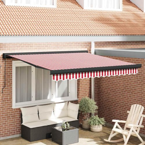 Store à pince, store de terrasse, store rétractable rouge et blanc, 350 x 250 cm, tissu et métal, pour terrasses, véranda, montage facile