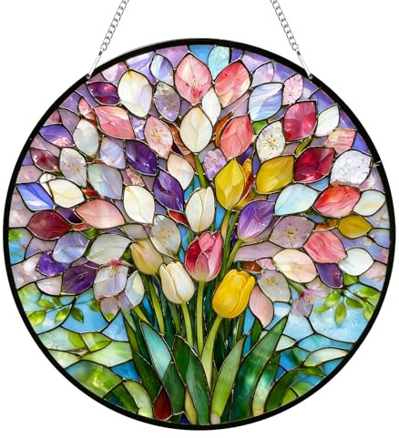 Colorful Tulip Sun Catcher, Spring Tulip Garden Ornament, Stained Glass Style Acrylic Suncatcher for Windows, Exquisite Window Hanging Decor for Home, Garden and Balcony