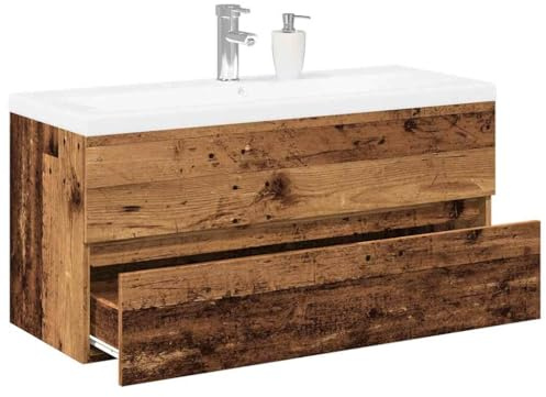 Fangmaliuyun Mobiletto da bagno in legno antico, 100 x 38,5 x 45 cm, con vasca da incasso in ceramica, design moderno e spazio per piccoli bagni e WC degli ospiti