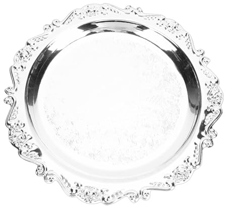 Blaihild Plateau de Service gravé Floral Plateau en Fer argenté Vintage pour la Cuisine à la Maison - Design Rétro en Fer Léger de 170 à 228 G pour Les Collations, Les Fruits, Le Whisky et Les (25CM)