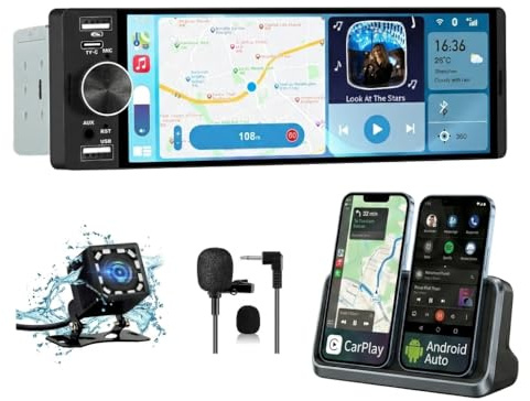AWESAFE 1 DIN Radio Coche Universal con Pantalla Táctil 6.28 Pulgadas, con CarPlay/AndroidAuto, Admite Carga Type-C/2USB/Micrófono/FM/EQ/GPS/Bluetooth/SWC