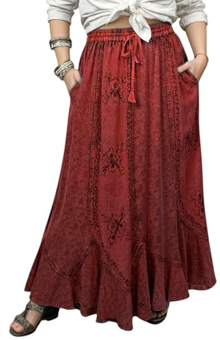 Agan Traders Women's 2025 Winter Medieval High Waisted Maxi Skirts for Women - A Line Drawstring Embroidered Long Maxi Skirt (711, 2X/3X, Rd)
