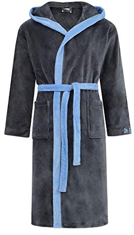 Di Ficchiano Herren Bademantel mit Kapuze – Flauschiger Morgenmantel & Frottee Saunamantel lang für Männer – Hausmantel weich & warm – Grau Blau – XL