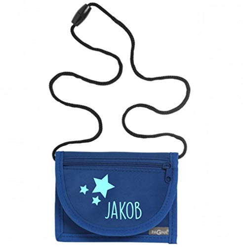 minimutz Geldbeutel für Kinder mit Sichtfenster zum Umhängen - Motiv Sterne Namensdruck - personalisierter Brustbeutel Geldbörse - Kindergeldbeutel Mädchen Jungen mit Klettverschluss (Royalblau)