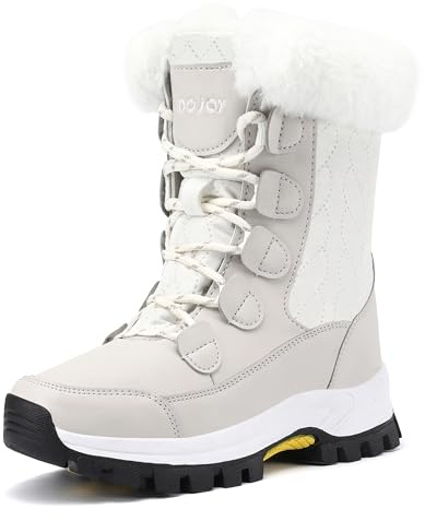 COOJOY Womens Winter Snow Boots Waterproof Shoes Walking Comfortable Hiking Booties Furry Mid Calf Warm Lightweight Beige,US9 EU41