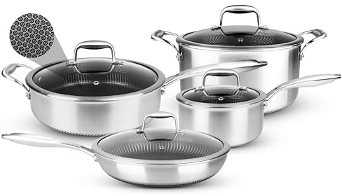 Nutrichef Stainless Steel Pots and Pans Set, 8pcs Cookware with Glass Lids, Induction Hob Pots, Cooking Saucepan Pot, Triply Frying Pan Set, Dakin Etching Nonstick Coating