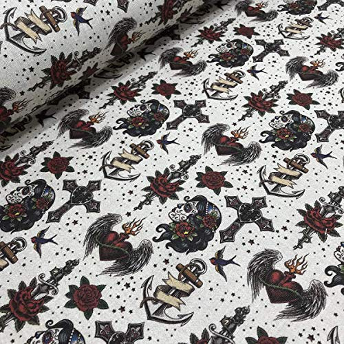 Kt KILOtela - Patchworkstoff Meterware - Digitaldruck - 100 % Baumwolle - 140 cm Breite - Länge wählbar 50 in 50 cm | Catrinas, Anker und Herzen - Rot, Schwarz