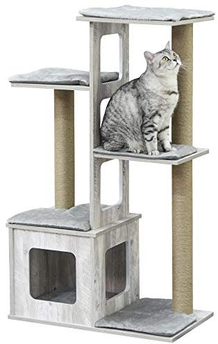 PawHut Árbol para gatos de interior de 114 cm, con casa para gatos, poste rascador de yute, torre para gatos, casa de juegos para gatitos, centro de actividades, color gris