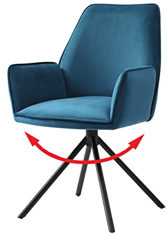 Mendler Esszimmerstuhl HWC-G67 Samt FSC® - türkis-blau, Beine schwarz | Küchenstuhl, Stuhl, mit Armlehne, drehbar Auto-Position