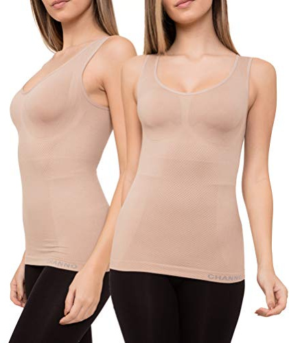 Pack de 2 Camisetas Interiores Reductoras con Tirantes Anchos sin Relleno Cómodas y Elásticas Seamless Sin Costuras (Beige, M/L)