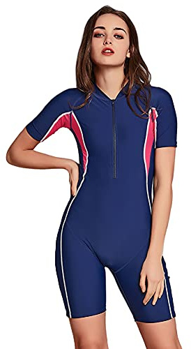 OWN4B Dam baddräkt med shorts, kortärmad dragkedja, solskydd atletisk träning badkläder för strand, snorkling och surfing blygsam baddräkt magkontroll utslag