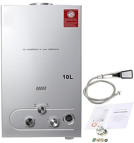 ECUTEE 10L 20KW Scaldabagno a Gas di Petrolio Liquefatto Propano/GPL, Istantaneo Senza Serbatoio con Kit Doccia, Per Docce da Esterno, Argento