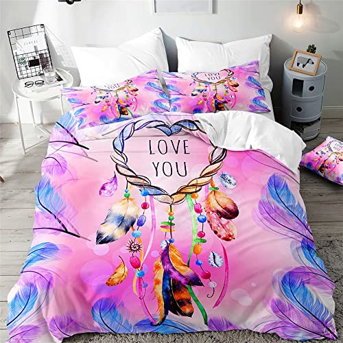 Surwin Bettwäsche-Set 3 Teilig, Microfaser Bettwäsche Set Einzelbett Doppelbett 3D Traumfänger Drucken Bettbezug mit Reißverschluss und 2 Kissenbezüge für Jungen Mädchen (Violett,200x200cm)