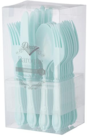 Decor Decorline - Ensemble de couverts réutilisables en plastique robuste - 40 pièces - Chacun avec 20 fourchettes, 10 couteaux et 10 cuillères - Baroque Collection - Turquoise