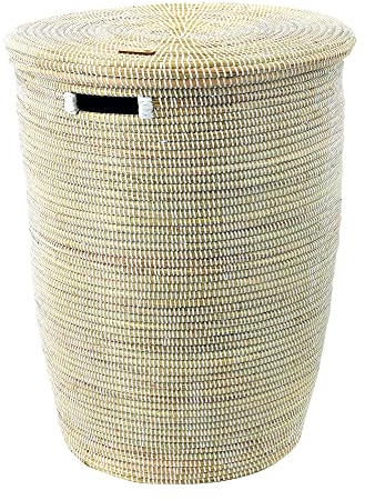 YAADU Wäschekorb mit Deckel 80L – Großer Wäschesammler mit Deckel, Geflochtene Wäschetonne, Boho Wäschekorb mit Henkeln, Wäschebehälter für Schmutzwäsche, Modell Mazama (Weiß-Flach)