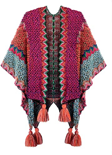 Urban CoCo Women's knit Vintage Ethnic Tassel stripe Poncho Shawl（Rose and Blue）
