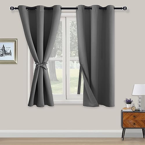XWZO Blackout Curtains Shades Window Curtain Panels with Tiebacks- Noise Reduction and Thermal Insulated Eyelet Curtains for Bedroom,Living Room,Office,Study Room Grey W46xL54