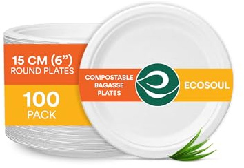 ECO SOUL Weiß 15 cm (6 Zoll) kompostierbare Teller (100 Stück) | 100% biologisch abbaubar | Einweg & umweltfreundlich | Robuste Teller aus Zuckerrohr | Ideal für Vorspeisen, Snacks & To-go