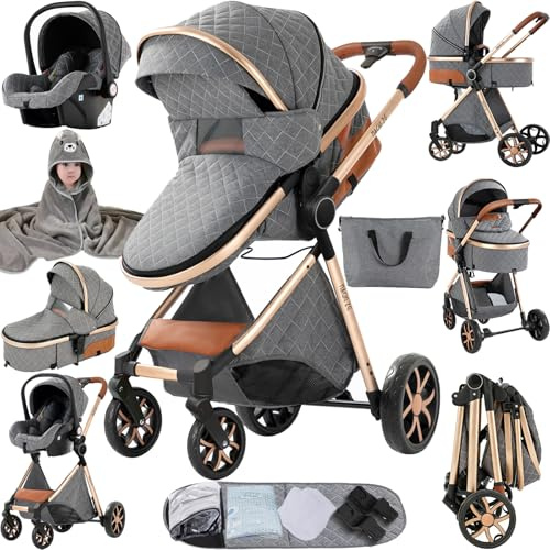 MoLi Kinderwagen 3 in 1, Kinderwagen mit Umkehrbarem Doppelschiebemodus, Buggy mit Großer Bequemer Babywanne, Kombikinderwagen 3 in 1 Rahmen Aluminiumlegierung Faltbar Hohe Landschaft (225 Grey)