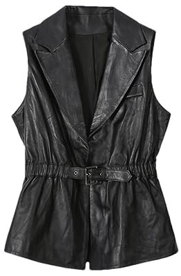 Hdhdeueh Damen Lederwesten Weste Anzugkragen Nipped Taille Schaffell Gürtel Slim Ärmellos Weste, 0283 Schwarz, 50