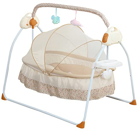 gegeweeret Babyschaukel Elektronisch zusammenklappbarer Baby Wippe, mit Puzzle-Spielzeugregal, Inkl. Moskitonetz, Spielzeug & Sicherheitsgurt (Khaki), bis 25 kg