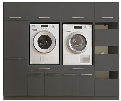 Laundreezy 2X Waschmaschinenschrank, Wäscheschrank, Mehrzweckschrank und 4X Schrankaufsatz, Anthrazit - Waschmaschinen-Überbauschrank TÜV-Zertifiziert mit viel Stauraum - 235 x 200 x 67,5 cm (B/H/T)