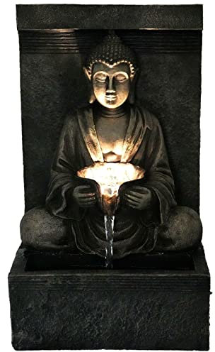 LQSSA Outdoor Garden Water Fountain Solar Powered Water Feature LED Polyresin Statues Stone Buddha Floor-Standing