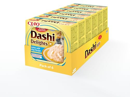 INABA Dashi Delights, Delicati Fiocchi in Brodo di Pollo con Capesante - 6 Coppette x 70 gr - Cibo Umido per Gatti con Brodo Dashi - Snack per Gatti Ricco di Proteine - Pasto Complementare