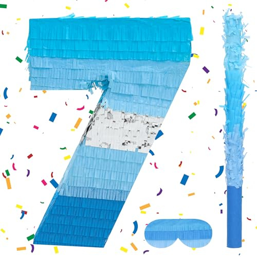 Birchio Pinata-Set mit der Zahl 7 mit Augenbinde und Fledermaus (41,2 x 29,9 x 10,2 cm), perfekt für Geburtstagsparty-Zubehör, Bausteine, Themen-Geburtstag, Dekoration